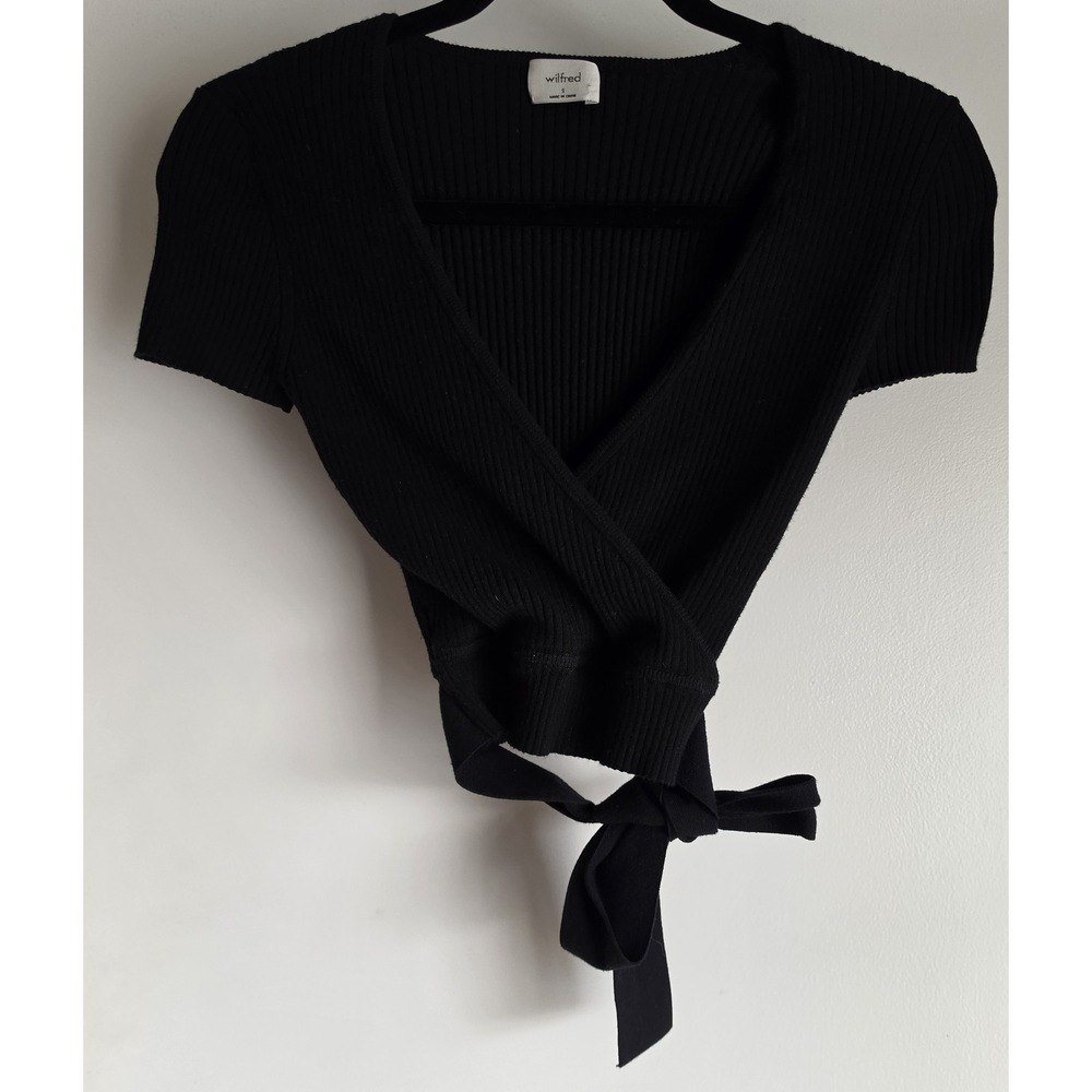 Wilfred Wrap Top Women S Black Ribbed V-Neck Short Sleeve Blouse Shirt